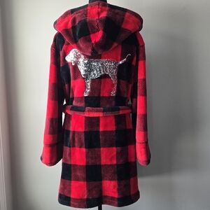 PINK VS Red Buffalo Plaid Flannel Sequin Dog Hooded Robe XS